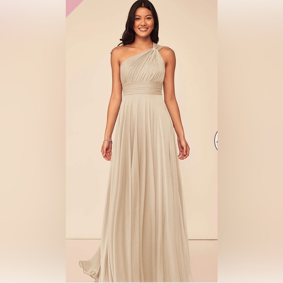 A-Line One Shoulder Mesh Floor-Length Dress Champagne - Picture 2 of 3